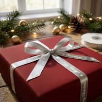 Artikel Polyester Weihnachtsband Merry Christmas 10mm x 20m Silber Weiß für Geschenkdekoration