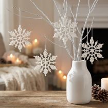 Artikel Schneeflocken aus Kunststoff Weiß mit Glitzer 10cm 12 Stück