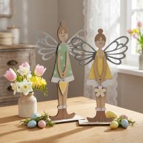 Artikel Deko-Elfen aus Holz und Metall, 2er-Set, Grün und Gelb, 34 cm hoch, Frühlingsdeko