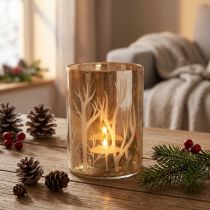 Artikel Windlicht Glas Braun mit Bäumen Ø9,5cm H13,5cm