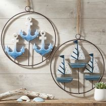Artikel Deko Metallring mit Segelbooten und Ankern Ø18cm, Blau-Weiß, 2 Stück