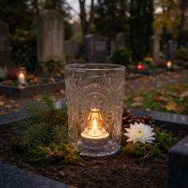 Artikel Windlicht aus Glas Ø7,5cm H10cm mit Ornamentmuster transparent