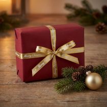 Artikel Weihnachtsband Polyester Dekoband 10mm x 20m Weiß Gold Merry Christmas