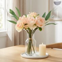 Artikel Kunstblumenstrauß aus Seidenblumen mit Pfingstrosen, Rosen und Eukalyptus 32cm Apricot