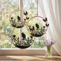 Artikel Dekohänger Metall Frühling Ø15cm Schwarz Beige Weiß Vogelmotiv 2 Stück