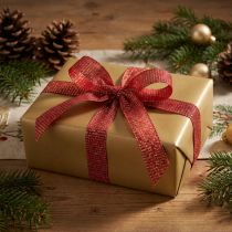 Artikel Weihnachtsband aus Kunstfaser mit Goldfäden Rot 25mm x 20m