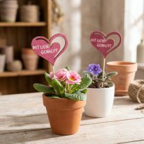Artikel Holzblumenstecker Herz 7cm Pink „Mit Liebe gemacht“ 12 Stück