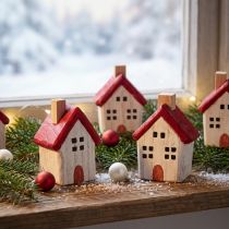 Artikel Weihnachtshäuschen Holz Weihnachtsdeko Weiß Rot 7cm 6 St