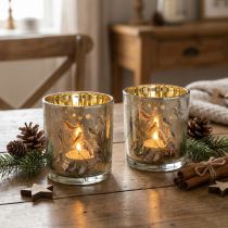 Artikel Windlicht Glas 8 cm mit Vogel- und Schneeflocken-Motiv, 2er-Set