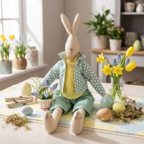 Artikel Osterdeko Hase aus Stoff, Hasenjunge mit Kleidung und Blumenkorb, 46 cm