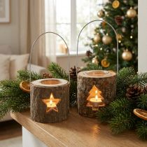 Artikel Teelichthalter zum Aufhängen Holz Ø7,5cm 2 Stück mit Tannenbaum- und Stern-Motiv