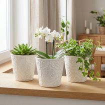 Artikel Keramik-Übertopf Set Weiß Ø11cm H11cm mit floralem Muster, 3 Stück