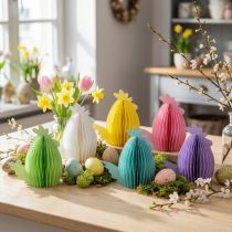 Artikel Deko-Hühner aus Wabenpapier 11×6,5×12 cm, 6 Stück, pastellfarbene Osterdekoration