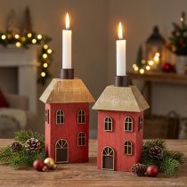 Artikel Kerzenhalter Set aus Holz in Rot, Hausoptik, H 14,5 cm, 2 Stück
