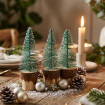 Artikel Set aus 8 beschneiten Mini-Tannenbäumen aus Kunststoff, Holz und Metall, ca. 10 cm, Grün/Natur/Weiß