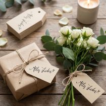 Artikel Geschenkanhänger aus Papier mit Aufdruck "Alles Liebe" 4×7 cm Beige Schwarz 24 Stück