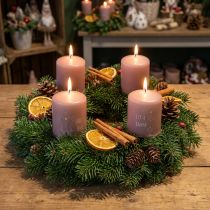 Artikel Stumpenkerzen Rosa 4 Stück Ø5cm H6cm mit Wintermotiven für Dekoration