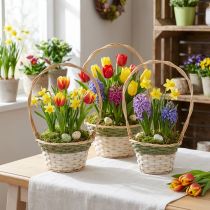 Artikel Blumenkorb Set aus Holzgeflecht mit Henkel, Weiß Grün Grau, Ø18–26 cm, 3-teilig