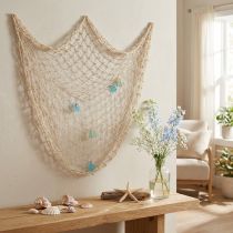 Artikel Maritimes Deko-Fischernetz aus Baumwolle mit Muscheln und Seeglas, 100×140 cm, Naturfarben