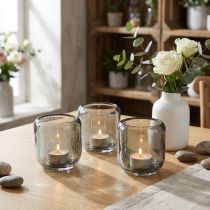 Artikel Teelichthalter Glas Grau 8cm mit Rillenstruktur im 6er-Set