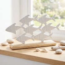 Artikel Fischschwarm-Deko aus Metall und Holz, Weiß, 28 x 16 cm