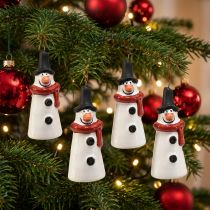 Artikel Schneemann-Hängedeko aus Keramik – 7,5 cm – Weiß mit rotem Schal und schwarzem Hut – 6er-Set