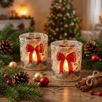 Artikel Windlicht Glas mit roter Schleife und Weihnachtszweigen 8 cm 2er-Set