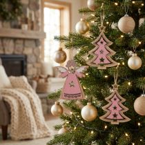 Artikel Christbaumschmuck aus Holz, Rosa, 11 cm, Engel und Tannenbaum, 8 Stück