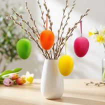 Artikel Ostereier beflockt, Kunststoff, bunt, 10 cm, 8 Stück mit Satinband