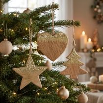 Artikel Weihnachtsdeko Stern, Herz und Baum aus Holz, Natur und Goldglitter, Ø 1,5 cm, H 10–12,5 cm, 3er Set