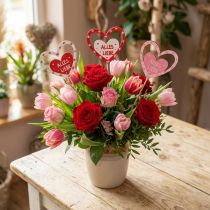 Artikel Blumenstecker Holz Herz 8×7,5cm „Alles Liebe“ 12 Stück farbig sortiert