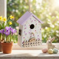 Artikel Holz-Dekovogelhaus mit fliederfarbenem Dach und Blumenmuster, H11cm, 3er-Set