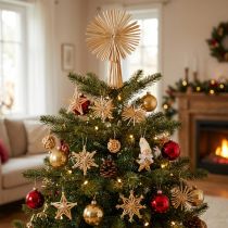 Artikel Strohstern Set aus naturfarbenem Stroh, Christbaumschmuck, Figuren und Sterne, 35-teilig