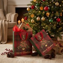 Artikel Geschenktasche aus Papier mit Henkeln kariert Christbaum-Motiv 26×32×10cm 4er-Set