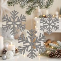 Artikel Schneeflocken aus Holz zum Hängen Silber Ø8–12cm 9er-Set