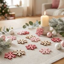 Artikel Schneeflocken Streudeko aus Holz Ø4cm 72 Stück in Pink, Rosa und Natur