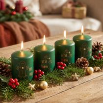 Artikel Grüne Weihnachtskerzen 4er Set Ø5cm H6cm mit Goldmotiven für Adventsdekoration