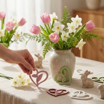 Artikel Holzdeko Herzen aus Holz 5,5 cm Rosa Grün Weiß 18 Stück mit Blattmotiv