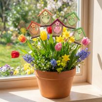 Artikel Blumenstecker aus Holz Frühling Haus mit Schmetterling und Blume 8,5cm 12 Stück sortiert