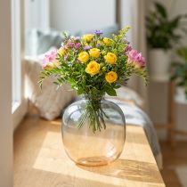 Artikel Blumenvase aus Glas, rund, 9cm hoch, transparent blau-rot