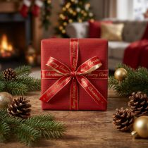 Artikel Polyester Weihnachtsband mit Merry-Christmas-Aufdruck 10mm x 20m Gold-Rot