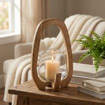 Artikel Laterne aus Mangoholz und Glas Ø12cm H20cm für Wohnzimmer und Tischdekoration