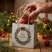 Artikel Geschenktasche aus Papier mit Henkeln, 10,5×10,5 cm, Grau, Weihnachtskranz-Motiv, 8 Stück