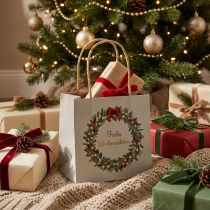 Artikel Geschenktüten aus Papier mit Henkeln 12x12 cm Grau mit Weihnachtskranzmotiv 8 Stück