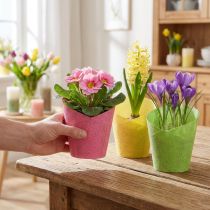 Artikel Gewebter Papier-Übertopf Set Ø9cm H18cm in Pink, Gelb, Grün – 9 Stück
