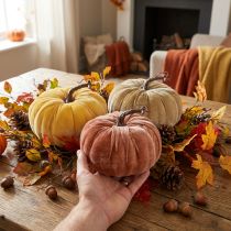 Artikel Deko-Kürbisse beflockt 3er-Set Ø18cm Gelb Beige Rotbraun für Herbstdekoration