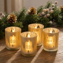 Artikel Windlicht Glas Gold Silber Stadtsilhouette H12,5cm 4 Stück