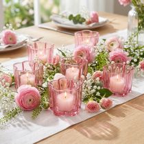 Artikel Teelichthalter aus Glas in Rosa, Blumenform, Ø 7,5 cm, H 6 cm, 6 Stück