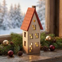 Artikel Holz Lichthaus mit rotem Dach 8,5×6,5×22 cm für Batteriebetrieb