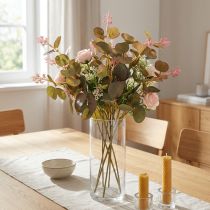 Artikel Eukalyptuszweige künstlich, mit rosa Blüten, 45 cm, Bund mit 3 Stück